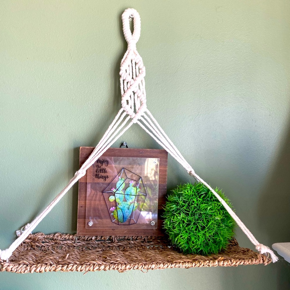 Boho wicker rope shelf with decor